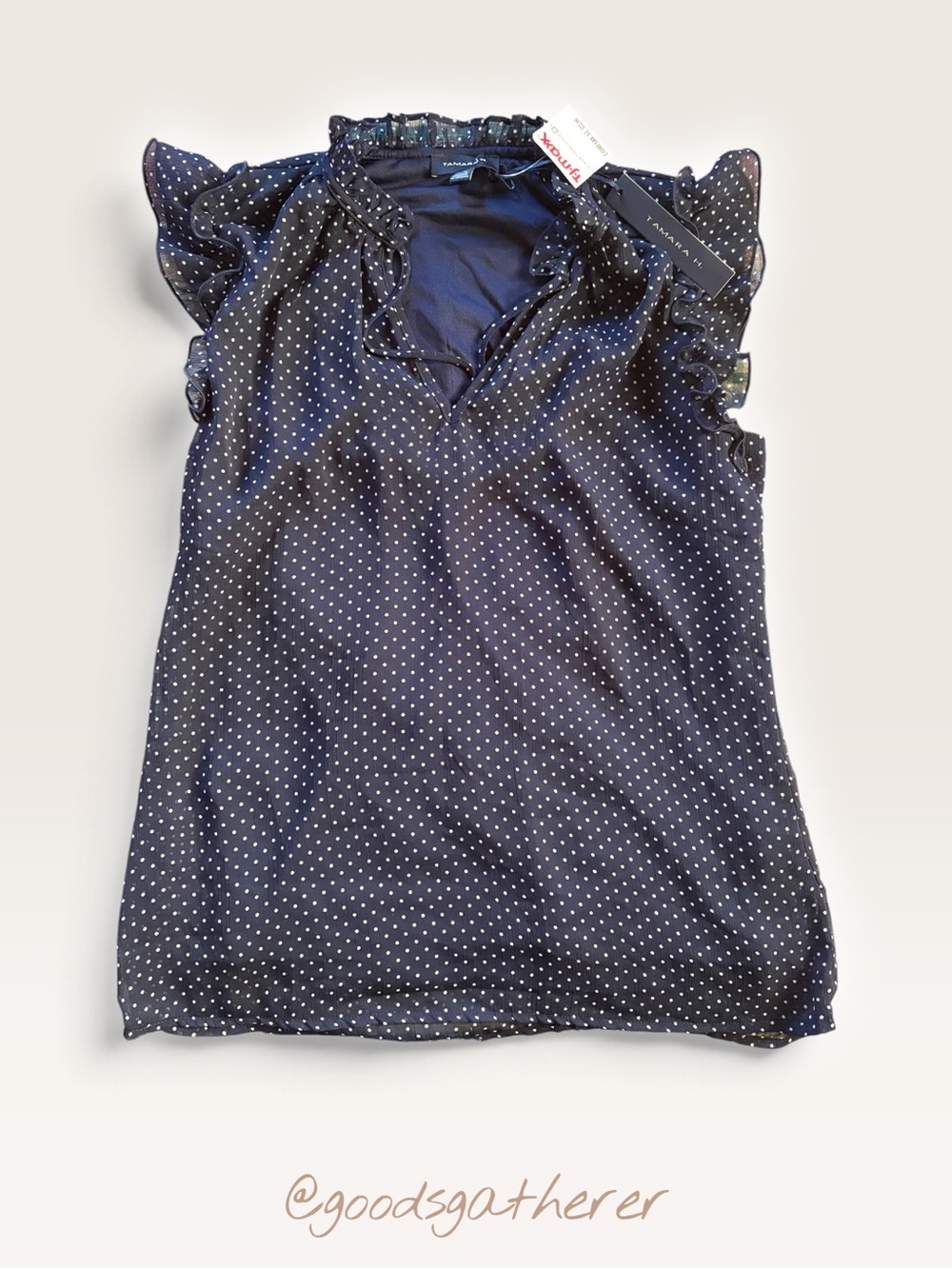 NWT Tamara I Navy Polka Dot Ruffle Blouse Women’s XS